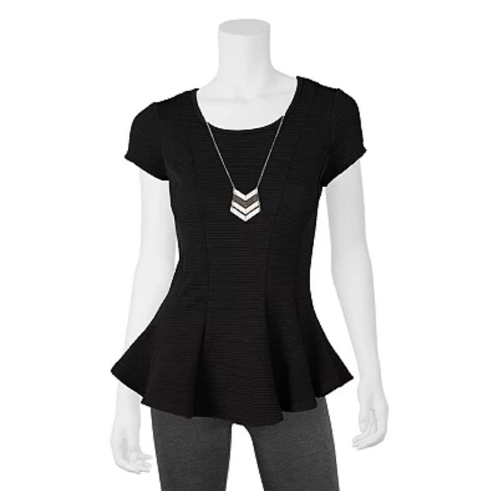 IZ Byer Textured Peplum Scoopneck Top Black Junior Size L